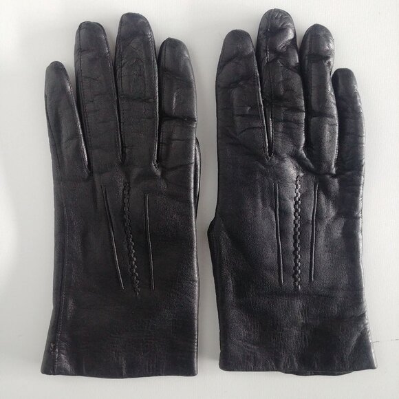 Womens black leather gloves fur lined size 6 1/2 - Picture 1 of 9